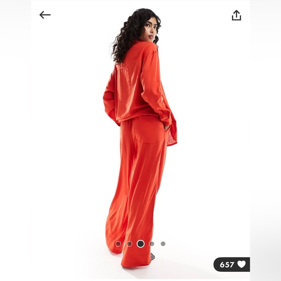 ASOS DESIGN Wide Leg Pull On Pants with Linen in Red - Picture 2 of 2